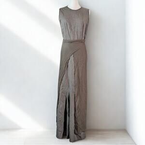 Morgane Le Fay Taupe Wool Silk Draped Maxi Dress Medium Minimalist Contemporary